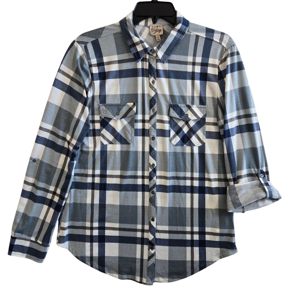 Como Vtg Blue Plaid Button Down Shirt Womens L Roll Tab Sleeve Grunge Casual - Picture 2 of 9